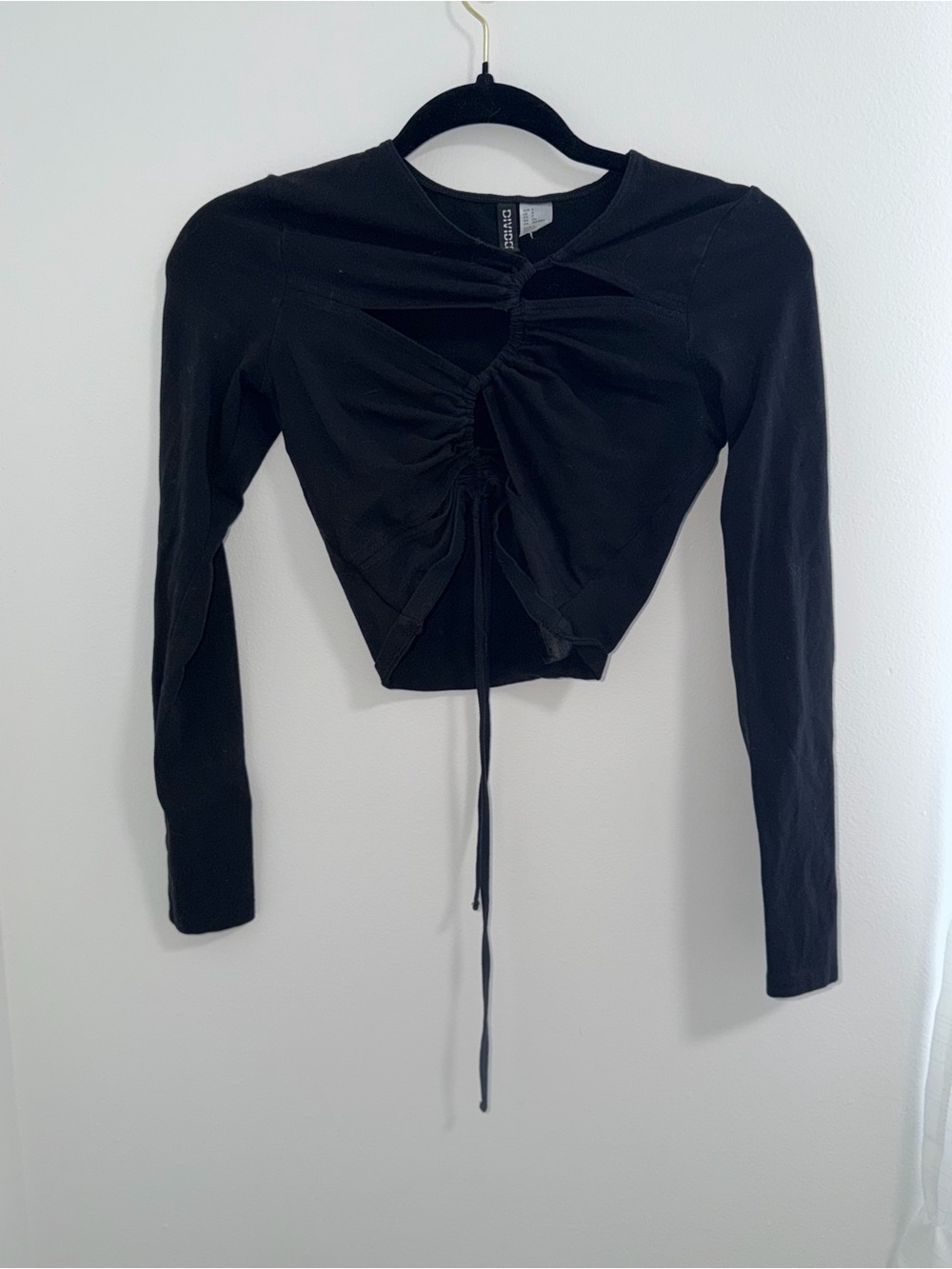 H&M Black Long Sleeve Ruched Drawstring Crop Top
